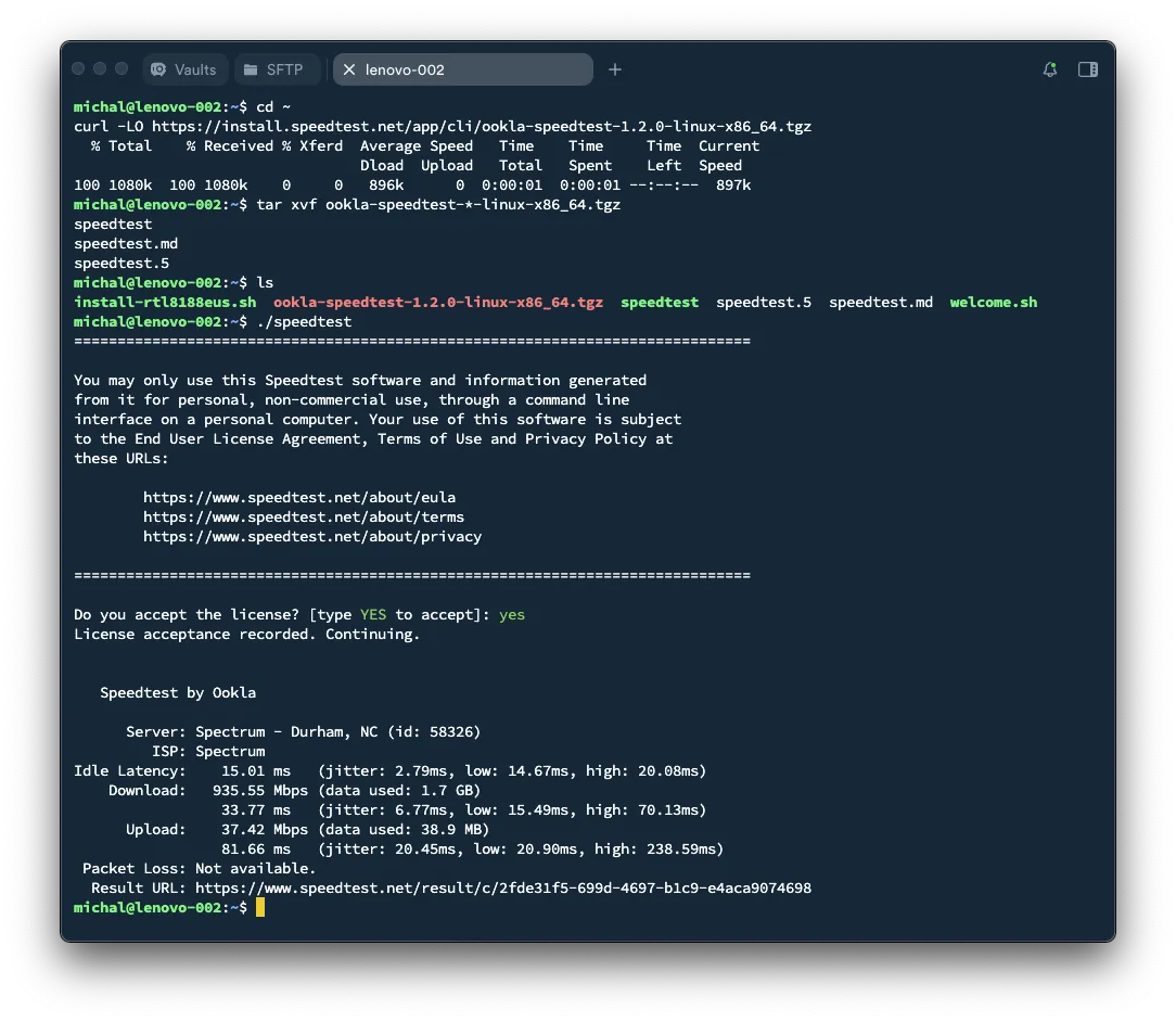 Ookla Speedtest CLI installation and usage output on Ubuntu
